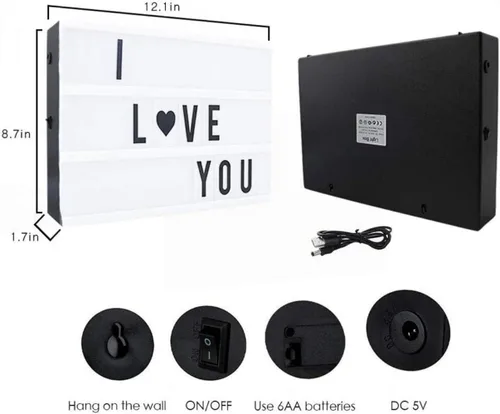Vista 5 de anso Caja de luz de cine A4 portátil USB LED Caja de letras 96pcs caracteres símbolos regalo (negro)
