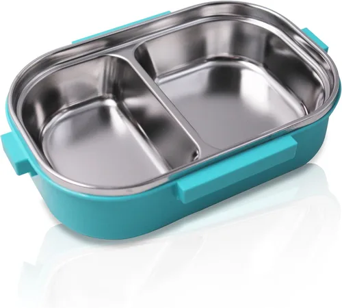 Vista 5 de Finex Caja Bento reutilizable azul de acero inoxidable con 2 compartimentos para alimentos con tapa transparente y cuchara - Princesa