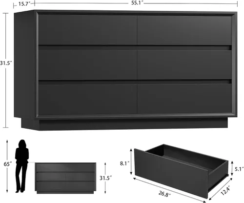 Vista 3 de TEENFON 55" Dresser for Bedroom with 6 Drawers, Black Dresser with Metal Slide, Bedroom Dressers, Wood Dressers & Chests of Drawers for Bedroom