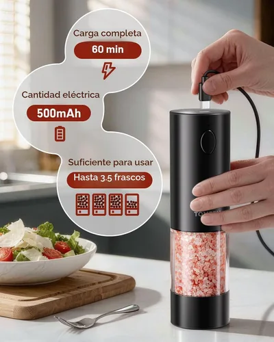 Vista 4 de TOMEEM Juego de molinillo eléctrico recargable de sal y pimienta de mayor Molinillo de pimienta automático de acero inoxidable de 3.7 fl oz con 5