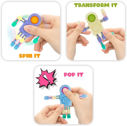 Vista 2 de ArtCreativity Robot Fidget Spinner Pop It 3 en 1 (juego de 12), juguetes para ansiedad transformador a granel para juegos sensoriales, funciona como