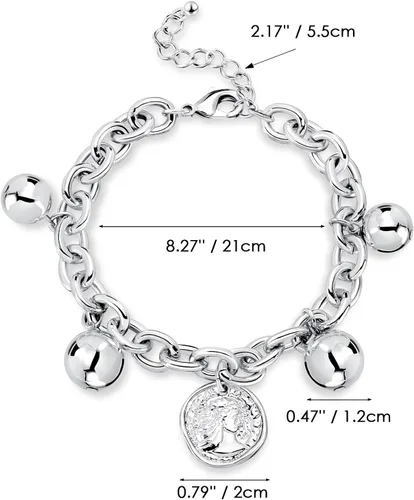 Vista 6 de Pulsera gruesa de oro para mujer chapado en oro de 14 quilates, con cierre de bola, moneda, medallón redondo, simple, moderno, apilable, a la moda