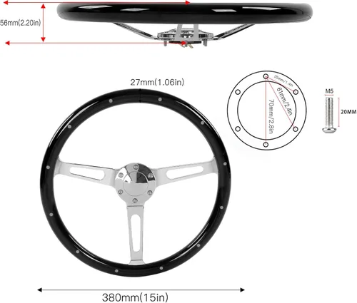 Vista 7 de Volante clásico, volante universal de grano de madera de 14.961 in/15 pulgadas, agarre de nogal con 3 radios remachados 6 agujeros, modificación