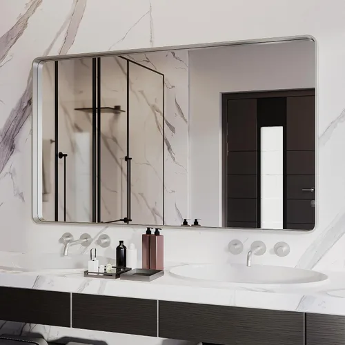 Vista 17 de ISKM Espejo con marco negro para pared de 20 x 16 pulgadas, espejo de tocador de baño antioxidante, vidrio templado, espejo rectangular redondeado