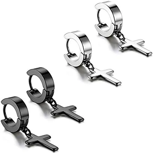Vista 2 de YZstyle Stainless Steel Cross Dangle Huggie Hinged Hoop Earrings for Men Women BlackSilverGold