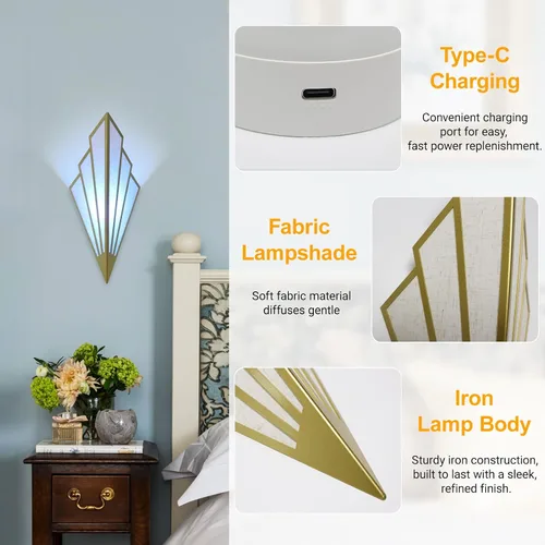 Vista 7 de Juego de dos apliques de pared modernos que funcionan con pilas, lámpara de pared simple y creativa Art Deco con control remoto, luz de pared LED