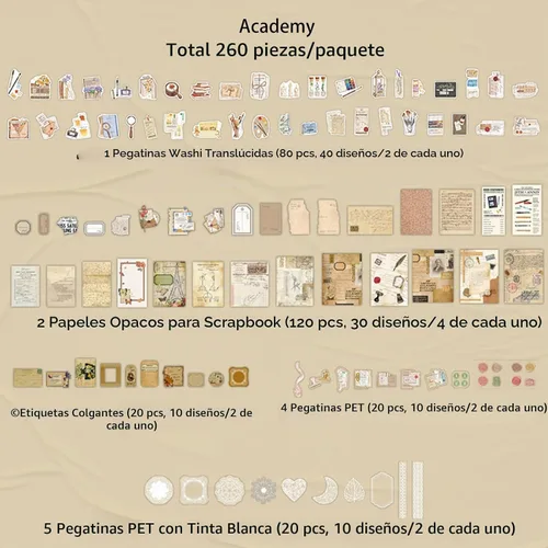 Vista 2 de Kit de suministros vintage para álbumes de recortes de 260 piezas para Academia