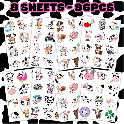 Vista 4 de 96 tatuajes temporales precortados de vaca para niños, suministros para fiestas de cumpleaños de animales de granja, decoraciones y recuerdos