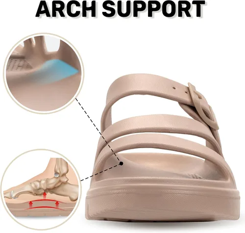 Vista 6 de PIMIO Sandalias de soporte de arco para mujer, deslizantes de recuperación para alivio de la fascitis plantar, antideslizantes, ligeras, con cojín