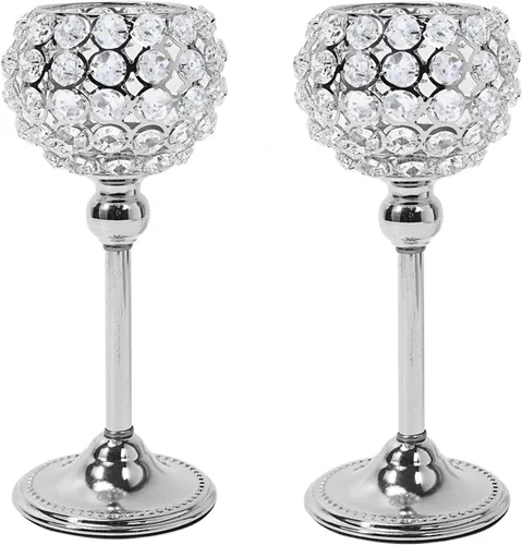 Vista 10 de Juego de 2 candelabros de cristal plateado para mesa de comedor, centro de mesa, decoración de mesa para comedor, sala de estar, café, mesa de Plata
