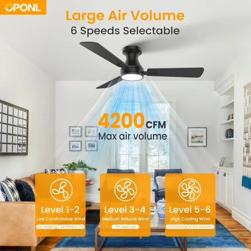 Vista 6 de OPONL 42 inch Low Profile Ceiling fan with Light and Remote Control Negro