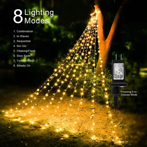 Vista 5 de Luces de Cadena de Estrella de Navidad, 320 Luces LED de Cascada para Árbol con Estrella Superior de 13", 8 Modos de Iluminación para Interiores
