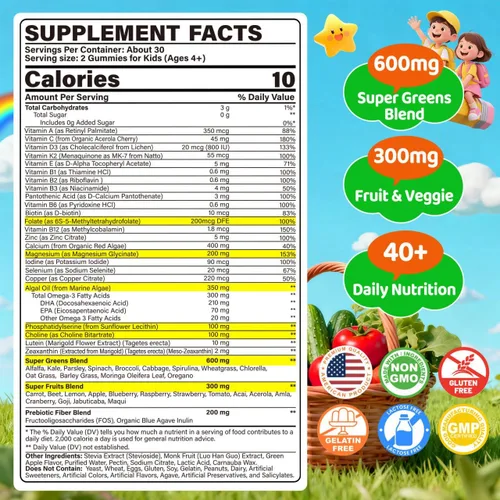 Vista 2 de Multivitaminas para niños + gomitas Super Greens para mayores de 4 años, con espirulina, clorella, espinacas, brócoli, calcio, omega-3 (DHA/EPA)