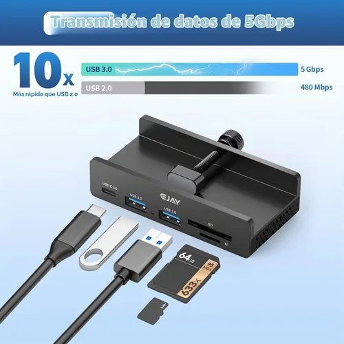 Vista 8 de EJAY Abrazadera USB Hub 5-en-1 USB C Hub 59" Cable para iMac y PC