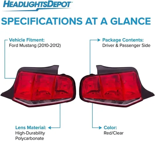 Vista 5 de HEADLIGHTSDEPOT Juego de luces traseras de diseño simple con par de lentes transparentes rojas compatibles con Mustang/Shelby GT500 2010-2012