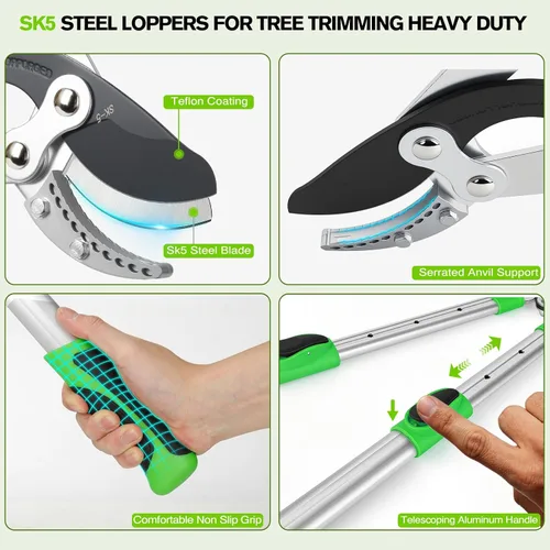 Vista 3 de Juego de tijeras de podar para cortar árboles, mango extensible resistente, 28 a 38 pulgadas, ajustable para ramas de árbol y tijeras de podar