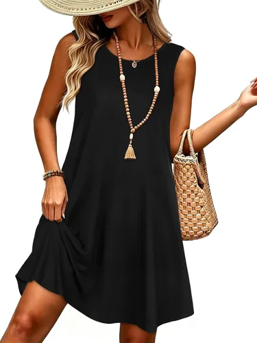 Vista 28 de elescat Vestidos de verano para mujer 2025, vestido casual de playa sin mangas con estampado floral, tipo camiseta, suelto y con bolsillos