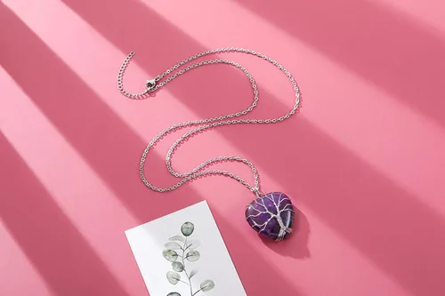 Vista 4 de Top Plaza - Collar de cuarzo rosa natural curativo con árbol de la vida envuelto en alambre de plata con forma de corazón colgante para mujeres