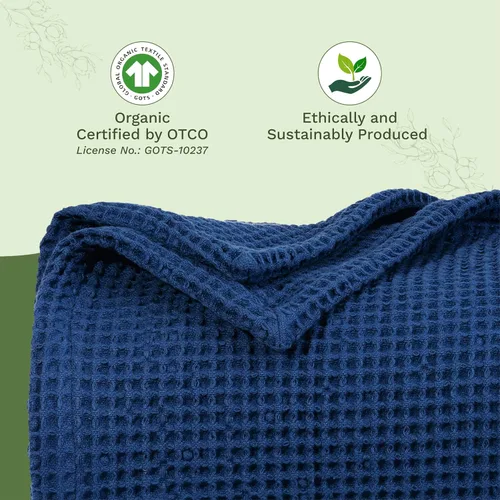 Vista 6 de Manta de algodón orgánico tamaño individual – 100% algodón certificado GOTS tejido gofre, tamaño individual XL, color azul marino, suave