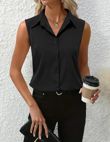 Vista 2 de HOTOUCH Blusa sin mangas con botones para mujer, cuello en V, casual, para negocios, informal, con cuello