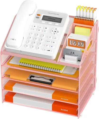 Vista 11 de DocNest - Organizador de archivos de 4 niveles con bandeja para cartas, organizador de escritorio de malla con asa, organizadores de escritorio