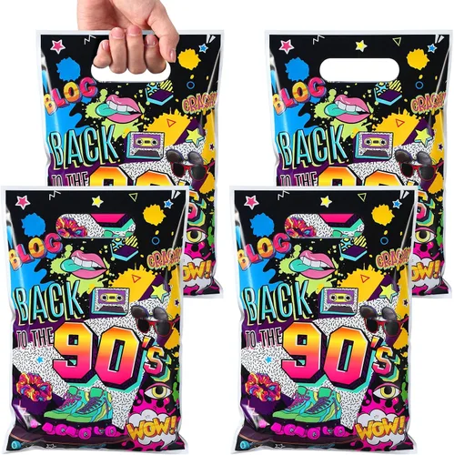 Vista 6 de Qeeenar 50 bolsas de regalo de fiesta de los años 80 a granel de plástico de regreso a los 80, regalos de hip hop, bolsas de golosinas para regalos