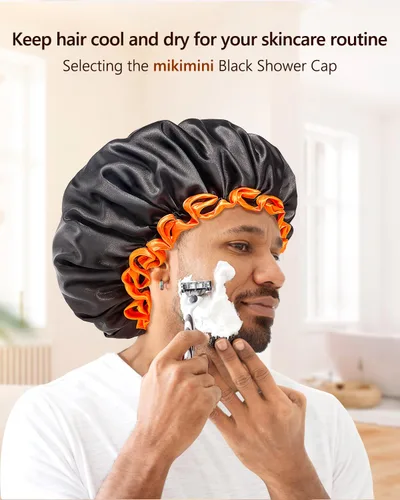 Vista 19 de Gorro de ducha negro extra grande para mujeres y hombres con cabello grueso, largo y trenzas, reutilizable, impermeable, de doble capa XL, gorros