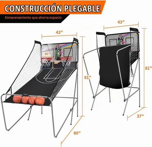 Vista 6 de Giantex Juego de Arcade de Baloncesto Plegable, 8 Opciones de Juego, Juego Electrónico de Tiro Doble para 2 Jugadores con 4 Bolas y Sistema de Negro