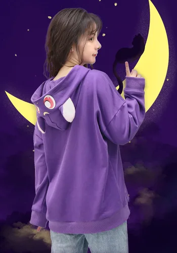 Vista 6 de DAZCOS Sudadera con capucha de anime para mujer, diseño de orejas de gato moradas, con capucha de luna para disfraz de Halloween