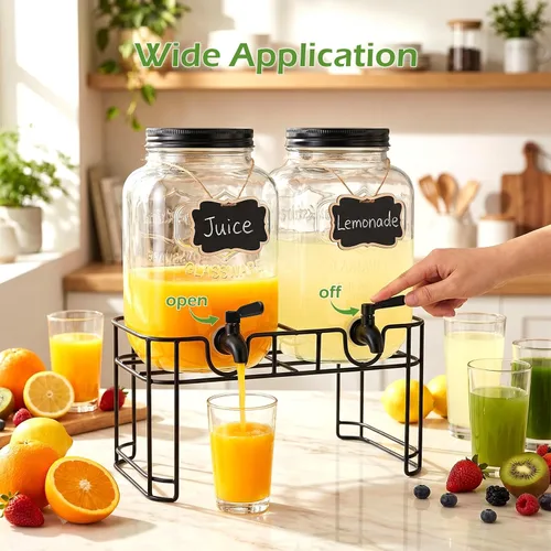 Vista 7 de Accguan Dispensador de bebidas de 1 galón, dispensador de agua de vidrio con tapa de lata negra y grifo de acero inoxidable negro, marco de hierro