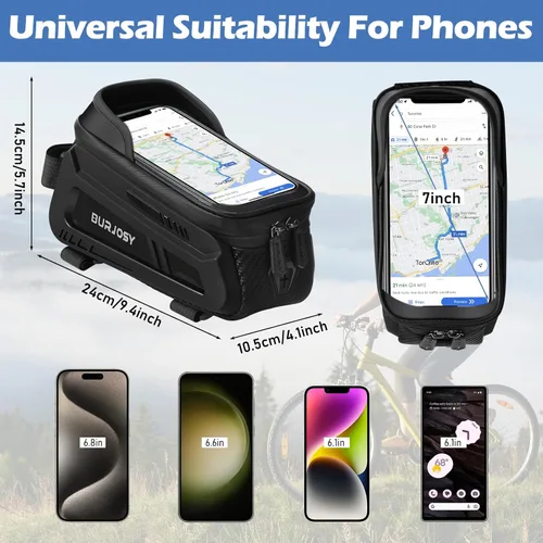Vista 5 de Bolsa de marco frontal para teléfono de bicicleta, bolsa impermeable para teléfono con pantalla táctil de TPU y visera solar, accesorios