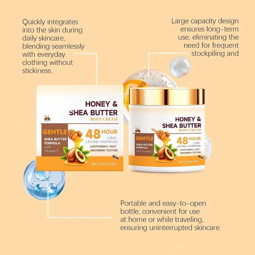 Vista 6 de LANGSTON Crema corporal Honey & Shea Butter con vitamina E, hidratación duradera de 48 horas, fórmula ligera de absorción rápida, 4.23 onzas