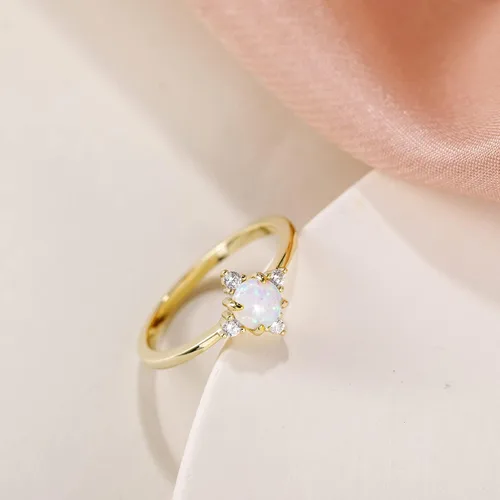 Vista 2 de SHINYSO Anillo de boda chapado en oro de 14 quilates para mujer, anillos finos y apilables, ópalo delicado con circonita cúbica, anillo
