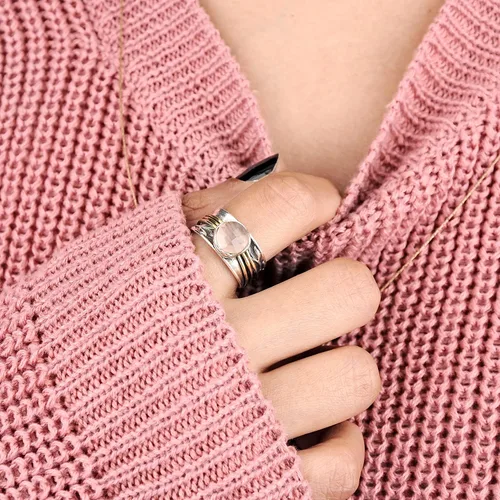 Vista 7 de Boho-Magic - Anillo giratorio de plata de ley 925 con hoja de cuarzo rosa para mujer piedras preciosas rosadas