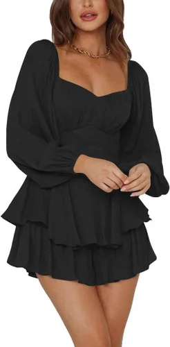 Vista 5 de LYANER Mono de Mujer de Manga Farol Larga con Volantes en Capas y Lazo Mini Corto Romper