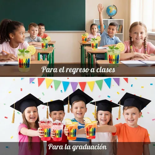 Vista 4 de Funnymoom 100 vasos de plástico de 12 onzas para el regreso a clases, vasos de crayón a granel, vasos desechables para el primer día de escuela