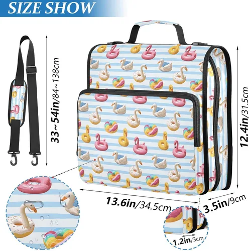 Vista 3 de ALAZA Zipper Binder 3 Ring Flamingo Swan Circlen Bule Stripes Binder Organizer with Zipper and Shoulder Strap Large Capacity Multi-Pocket Trapper