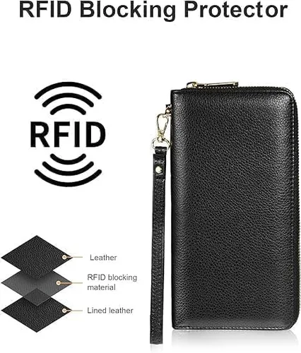 Vista 4 de Chelmon - Monedero para mujer de cuero genuino con bloqueo de señal RFID, para tarjetas de crédito