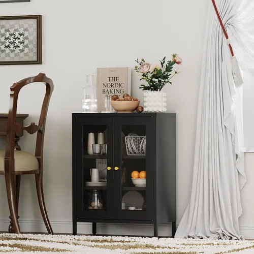 Vista 3 de Gabinete de Almacenamiento de Metal para Baño, Gabinete Aparador Negro con Puertas de Vidrio y Estantes Ajustables, Pequeños Gabinetes de Metal