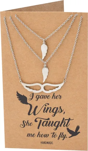 Vista 2 de quan jewelry Collar de ala de ángel, juego de 3 collares con dije, regalos para madre, hija, hermana con tarjeta de cita inspiradora, hecho a mano