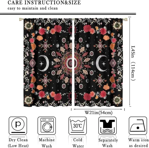 Vista 3 de Cortinas bohemias de fases lunares con diseño de mandala rojo y negro, bohemio, floral, gótico, iluminado por la luna, juego de 2 paneles para Luna