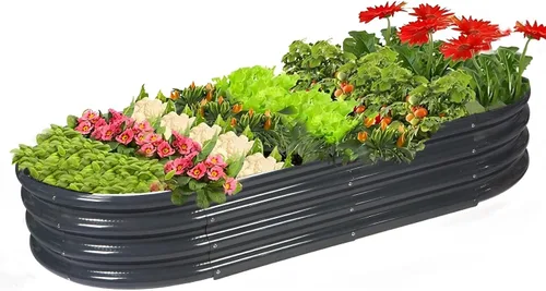 Vista 8 de Rakukiri Jardinera elevada con certificación GRS galvanizada para exteriores, maceta ovalada de metal resistente a la putrefacción de 5 pies, maceta