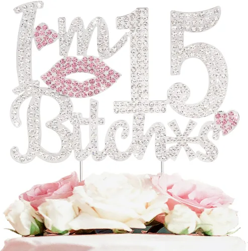 Vista 26 de ¡Soy el topper de pastel de cumpleaños número 15 divertido en oro y rosa con strass - ¡Feliz cumpleaños número 15, saludos a los quince años!