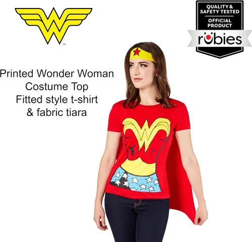 Vista 2 de Rubies DC Comics: Camiseta de disfraz de mujer maravilla con capa y diadema para adultos