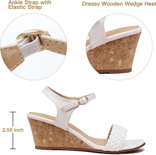 Vista 2 de TEMOFON Sandalias de cuñas para mujer, sandalias de tacón bajo trenzadas para verano, informales, puntera abierta, correa de tobillo, zapatos