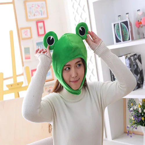 Vista 7 de Bonito sombrero de rana de felpa para adultos, gorro de rana de dibujos animados para disfrazarse, disfraz de cosplay, accesorios de fotos