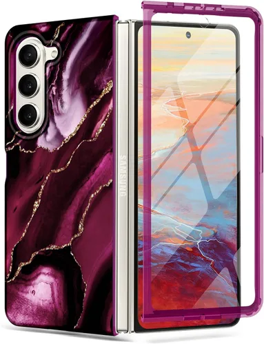 Vista 11 de Btscase Funda para Samsung Galaxy Z Fold 5, protector de pantalla frontal integrado, patrón de mármol dorado con purpurina de policarbonato duro