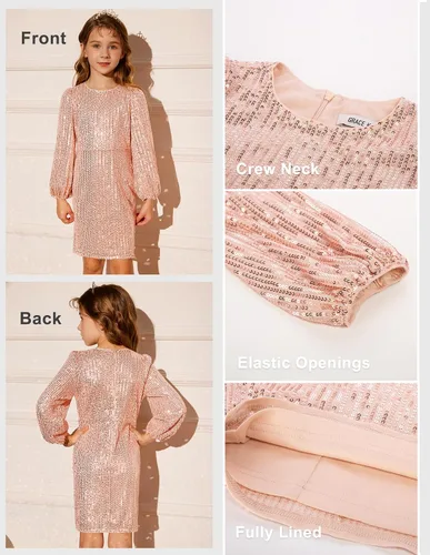 Vista 5 de GRACE KARIN Vestido formal de lentejuelas brillantes para niñas, vestido de fiesta de manga larga ajustado 5-14 años