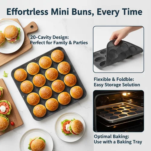 Vista 7 de Masteymoh Molde de malla de silicona para hamburguesas, molde de bollo de 20 cavidades con agujeros para bollos sin gluten