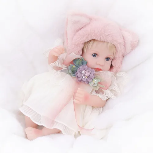 Vista 9 de Muñeca Reborn de 12 pulgadas, cuerpo de vinilo completo, realista, con sombrero de oso marrón y características suaves, regalo cómodo para niños